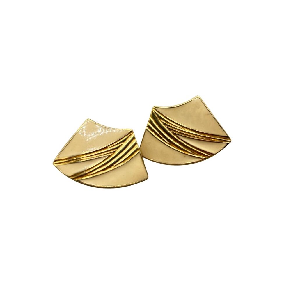 Vintage 70s 80s Trifari Clip On Earrings Cream Beige Enamel Gold Tone Geometric